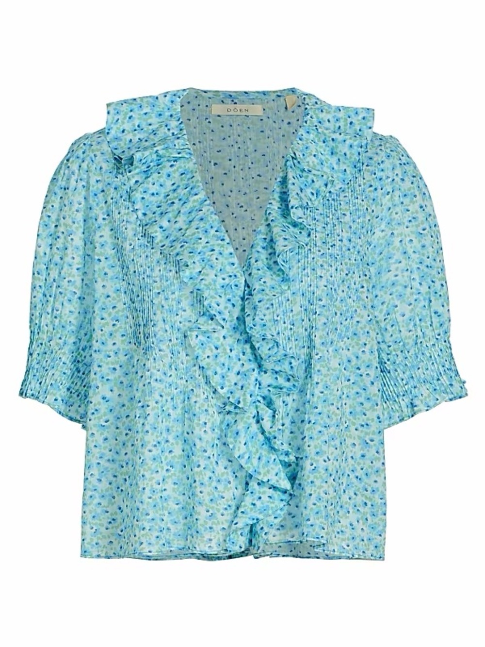 Doen Aqua Blue Floral henri cotton Ruffle preppy bohemian Blouse size large